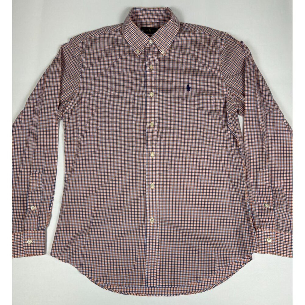 Ralph Lauren Mens M Orange Blue Gingham Plaid Long Sleeve Button Down Shirt Slim